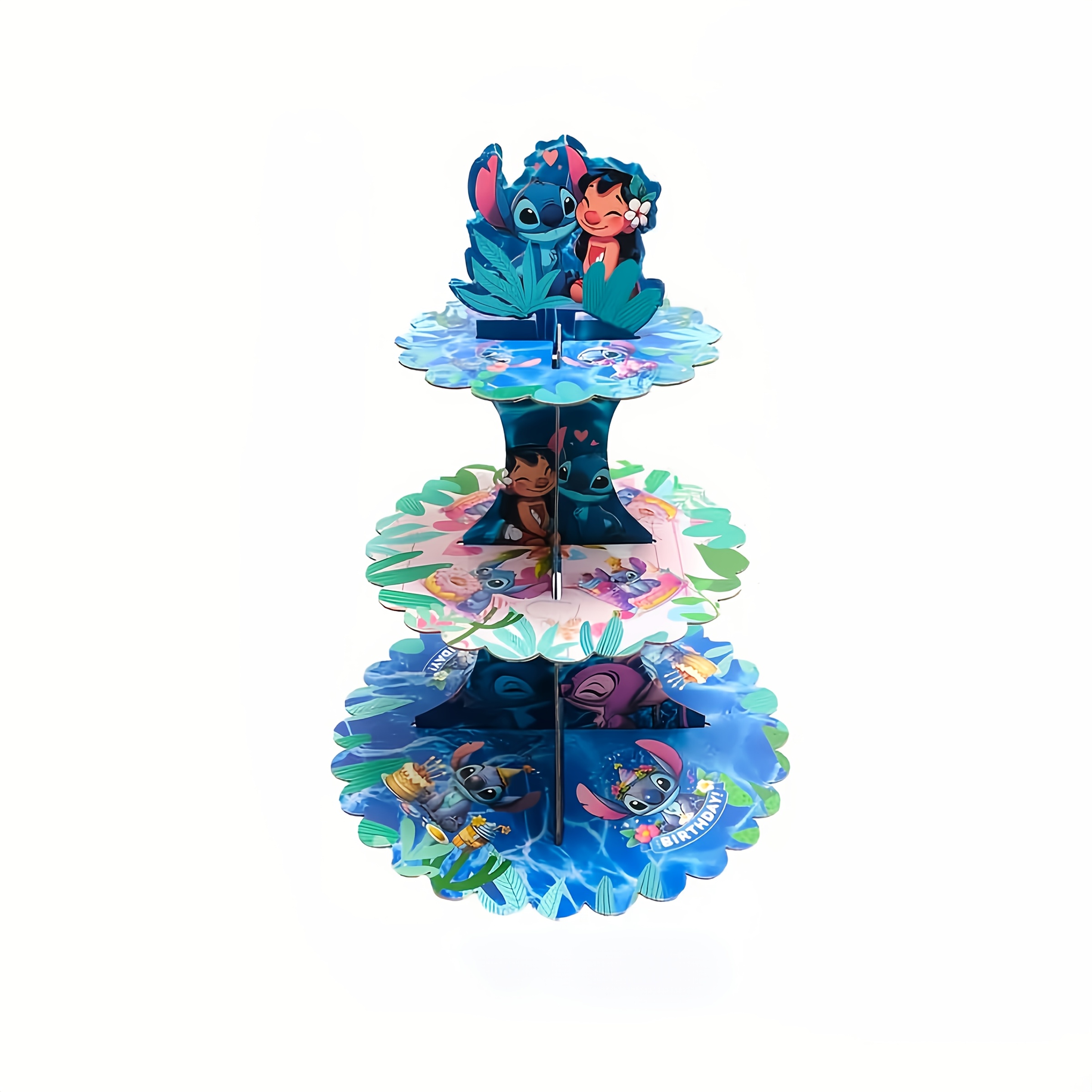 E-shop Disney Stitch Party-Display-Ständer aus Karton | Drei-stöckiger Papier-Display-Ständer, Party-Tischdekoration, geeignet für Geburtstag,