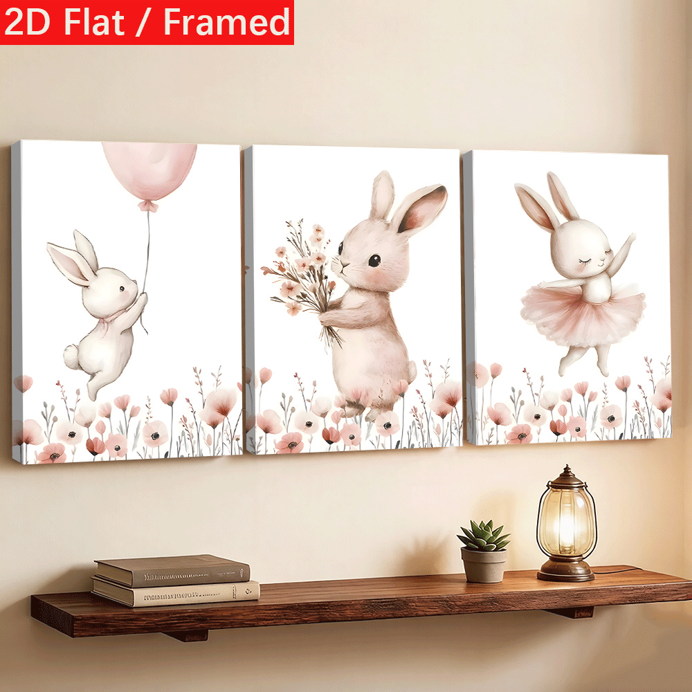3-Panel Framed Canvas Wall Art - Cute Rabbit Nursery Print