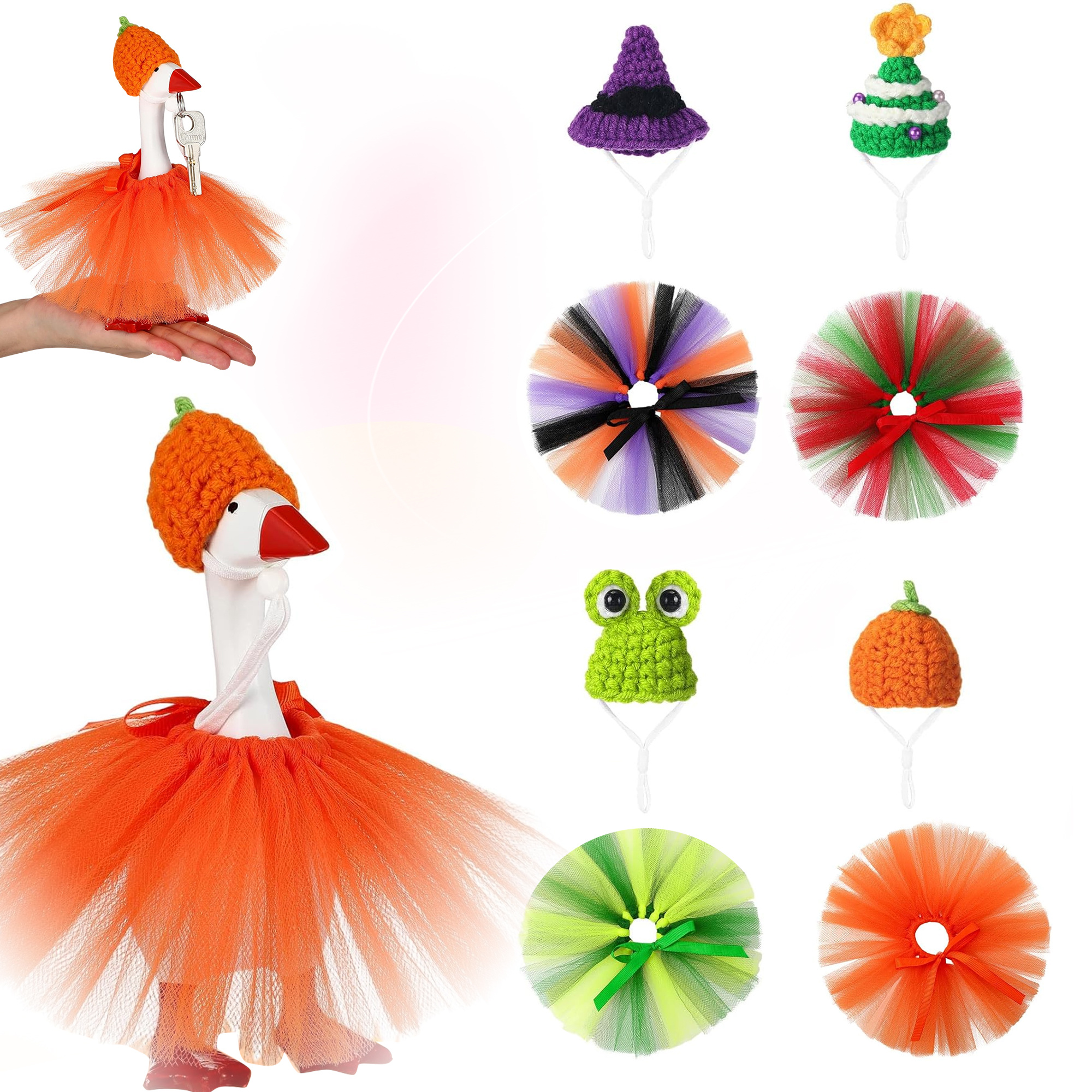 TEMU 4pcs Realistic 3d Mini Table Goose Costume Set- Suitable For 7- Inch Goose Statues/keychains, Realistic Desktop Decoration, Crochet Hats+ Tulle