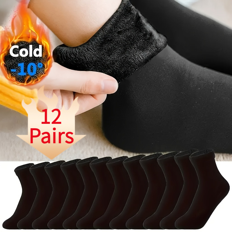 

12 Pairs Winter Warm Plush Socks, Thickened Outdoor , Solid Color Polyester 85% Elastane 15%, Knit Fabric, Hand Wash Only, Black - Cold 10°