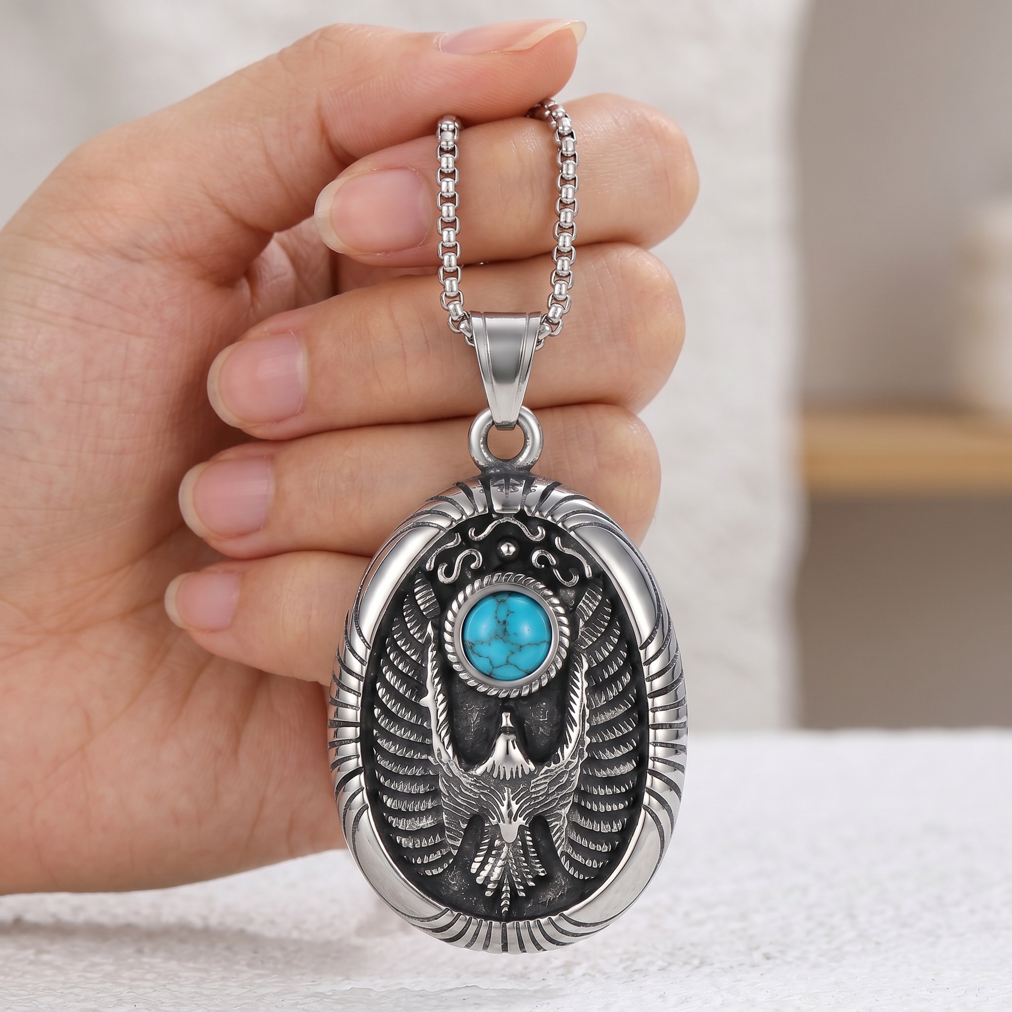Image of Lnchran 1pc 316l 316l 316l Stainless Steel Spread Wing Eagle Oval Pendant Necklace With Turquoise Western Biker Men Jewelry