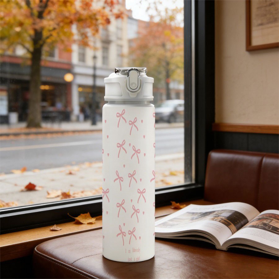 TEMU 1pc 750ml Pink Bow-printed Plastic Water Bottle With Straw And Lid. Suitable For Camping. Fits Water, Iced Drinks, And Coffee. Reusable
