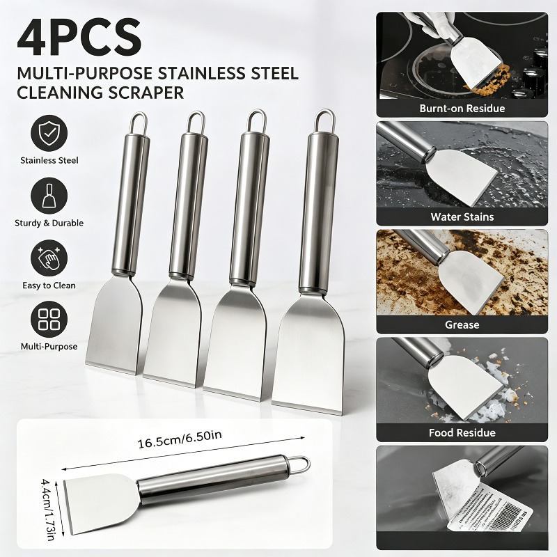 TEMU 4pcs Stainless Steel Cleaning Scrapers, Heavy Duty Cleaning Tools, Durable Kitchen Utensils For Cleaning Cooktops, Pots & All Countertops; Ideal