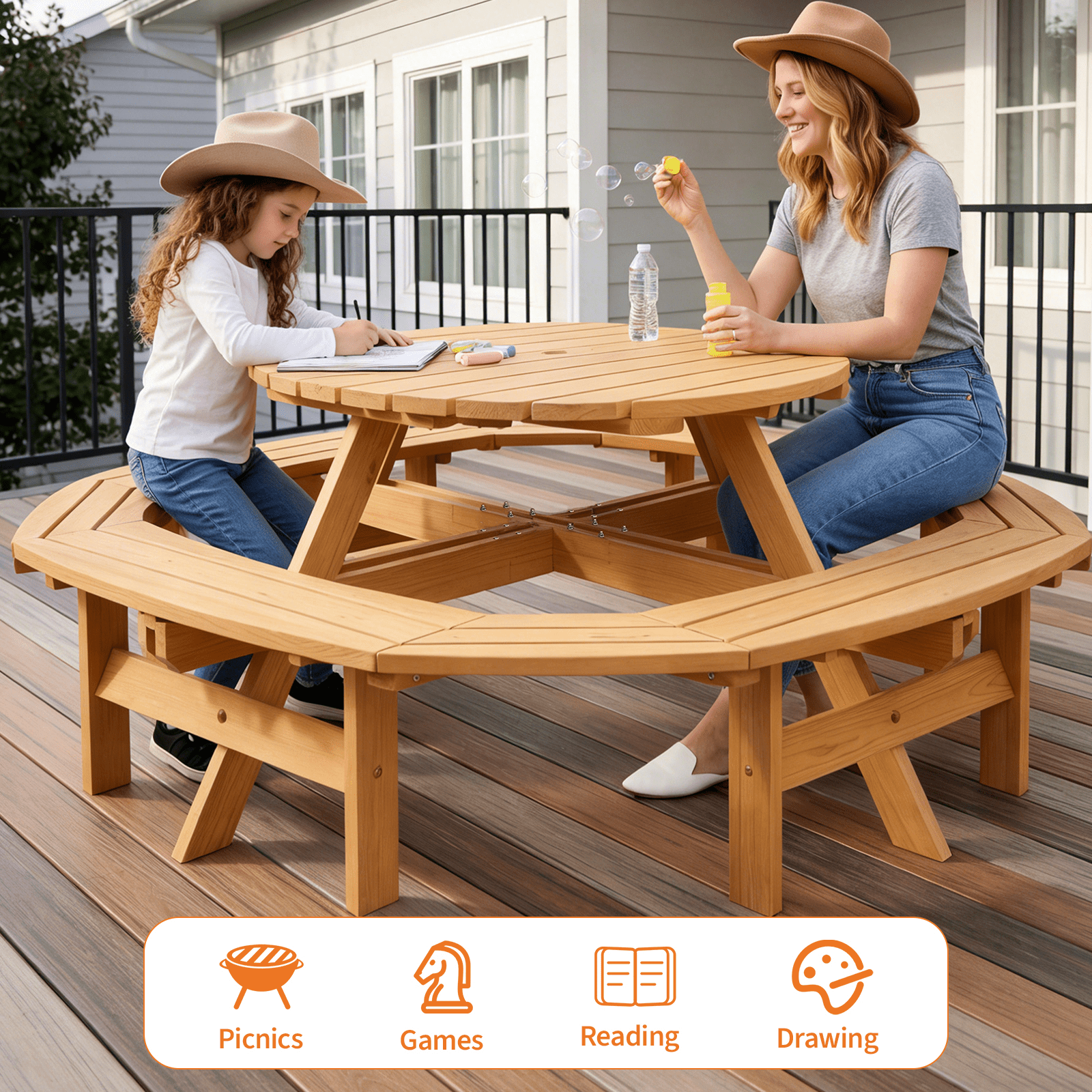 8-Person Round Wooden Picnic Table with Umbrella Hole, Wood Outdoor Dining Set with 4 Built-In Benches for Garden, Patio And Backyard