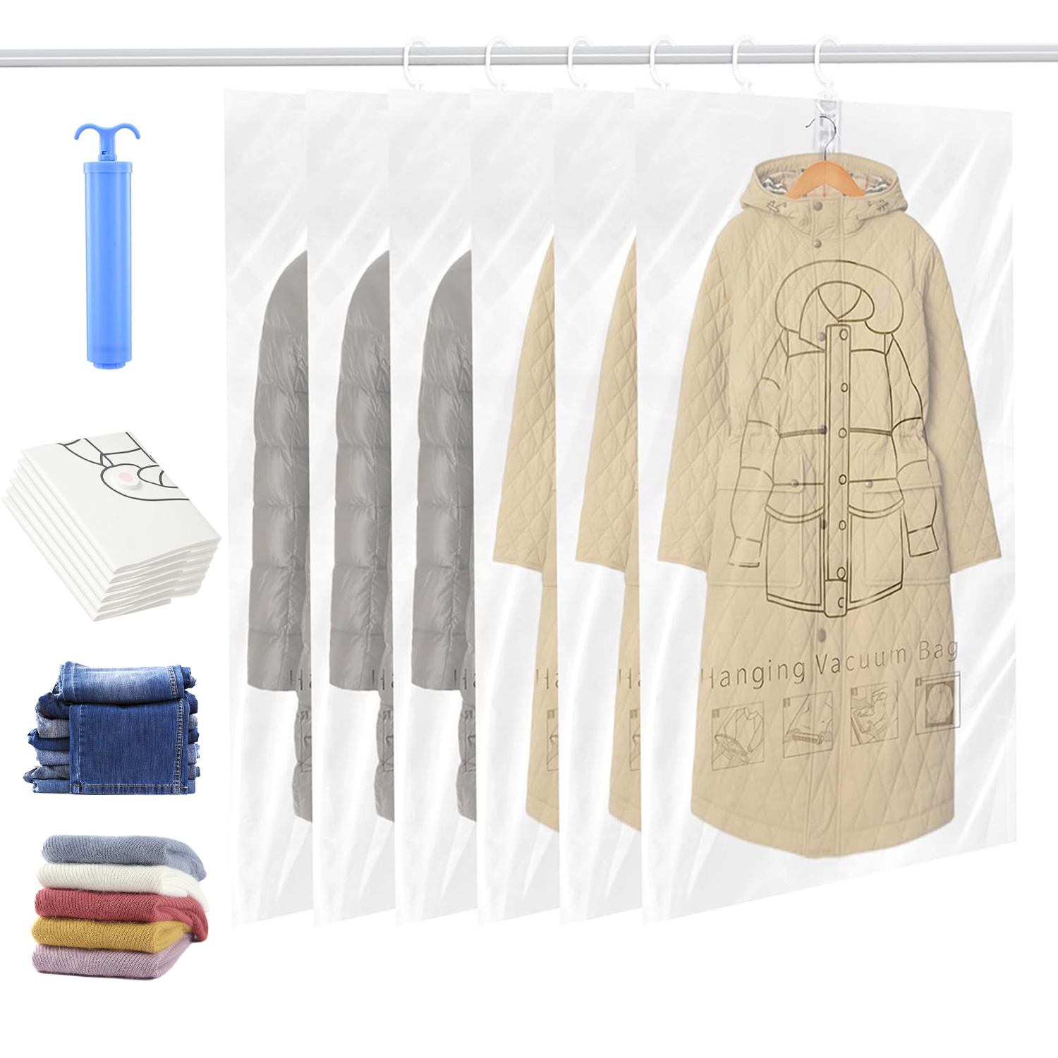 Image of 6pcs Hanging Vacuum Seal Bags Set With Hand Pump, Space- Organizer For Clothes, Coats, Suits, Jackets, Sweaters, Multipurpose Use, Zipper Closure, Space Saver Bags