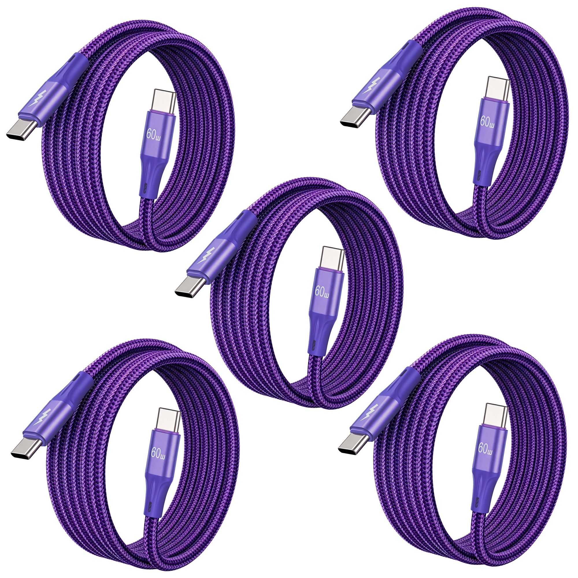 5pcs USB to USB-C Cable 60W Fast Charging, Durable Braided