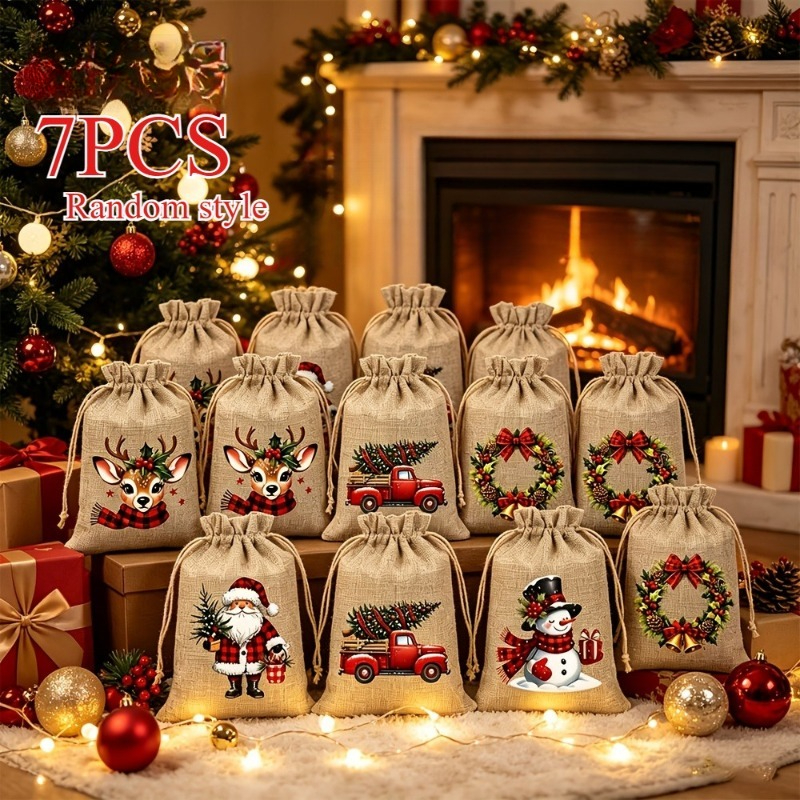 TEMU 7pcs Christmas Jute Gift Bags For Her/him - Random Style, Reusable Drawstring Bags With Christmas Theme Design, Suitable For Christmas Party