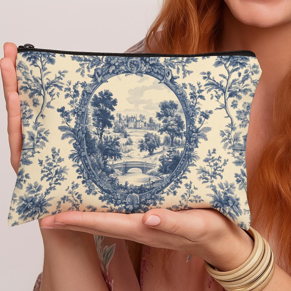 TEMU 1pc, Print Makeup Bag, Pastoral Scenery Pattern Zippered Pouch, Material Lightweight Travel Bag, Fashionable French Country Design, Suitable For
