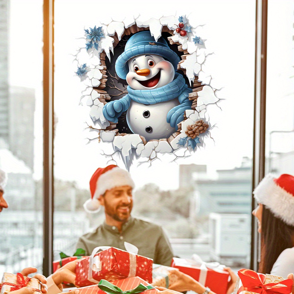 Image of 1pc Christmas Tree Snowman Wall Party Sticker. Self-adhesive And Removable Pvc Sticker Suitable For Living Room, Bedroom, Study Glass. Home Decoration. Christmas Decoration