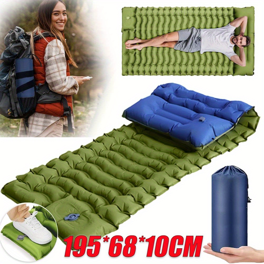 Image of Lightweight Camping Inflatable Sleeping Pad With An Integrated Pillow And Foot Pump, Perfect For Backpacking, Hiking, And Travel