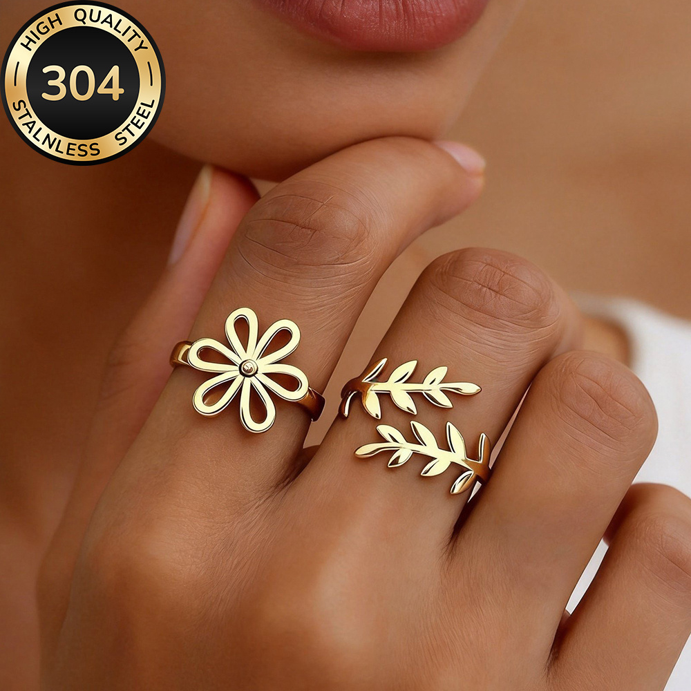 2pcs Stackable Open Ring Set, Golden Stainless Steel