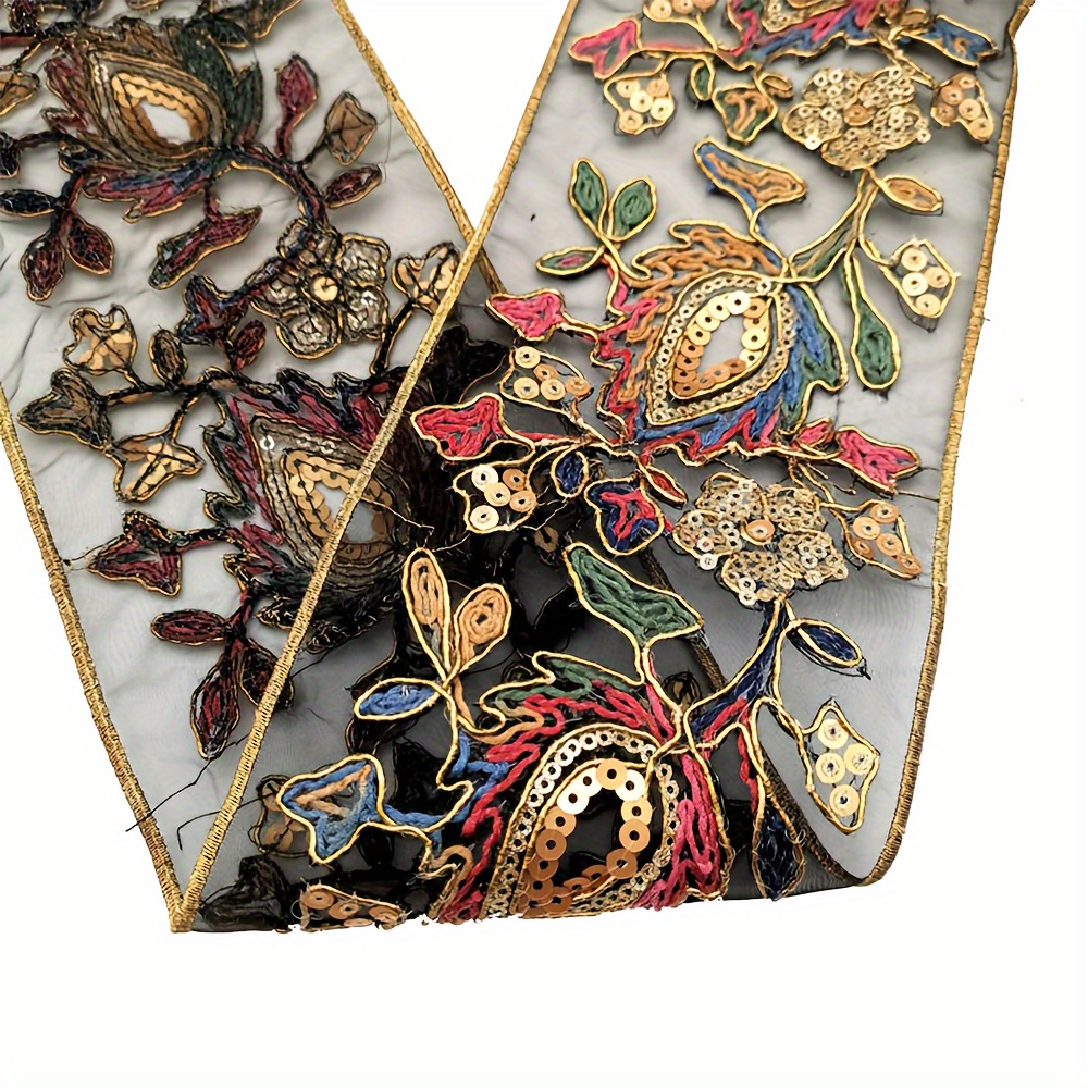 TEMU 1 Yard de Bordure en Dentelle Brodée de Fleurs à Sequins, Ruban de Style Ethnique, pour Fournitures de Couture, Tissus de Créateurs de Mode,