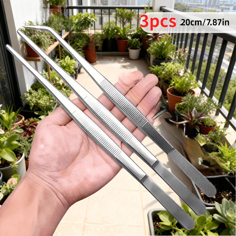 TEMU 3pcs Set Of 19.9cm Heavy-duty Thick Stainless Steel Long Tweezers, Straight Tip + Curved Tip, Heavy-duty Durable Multi-functional Tweezers For