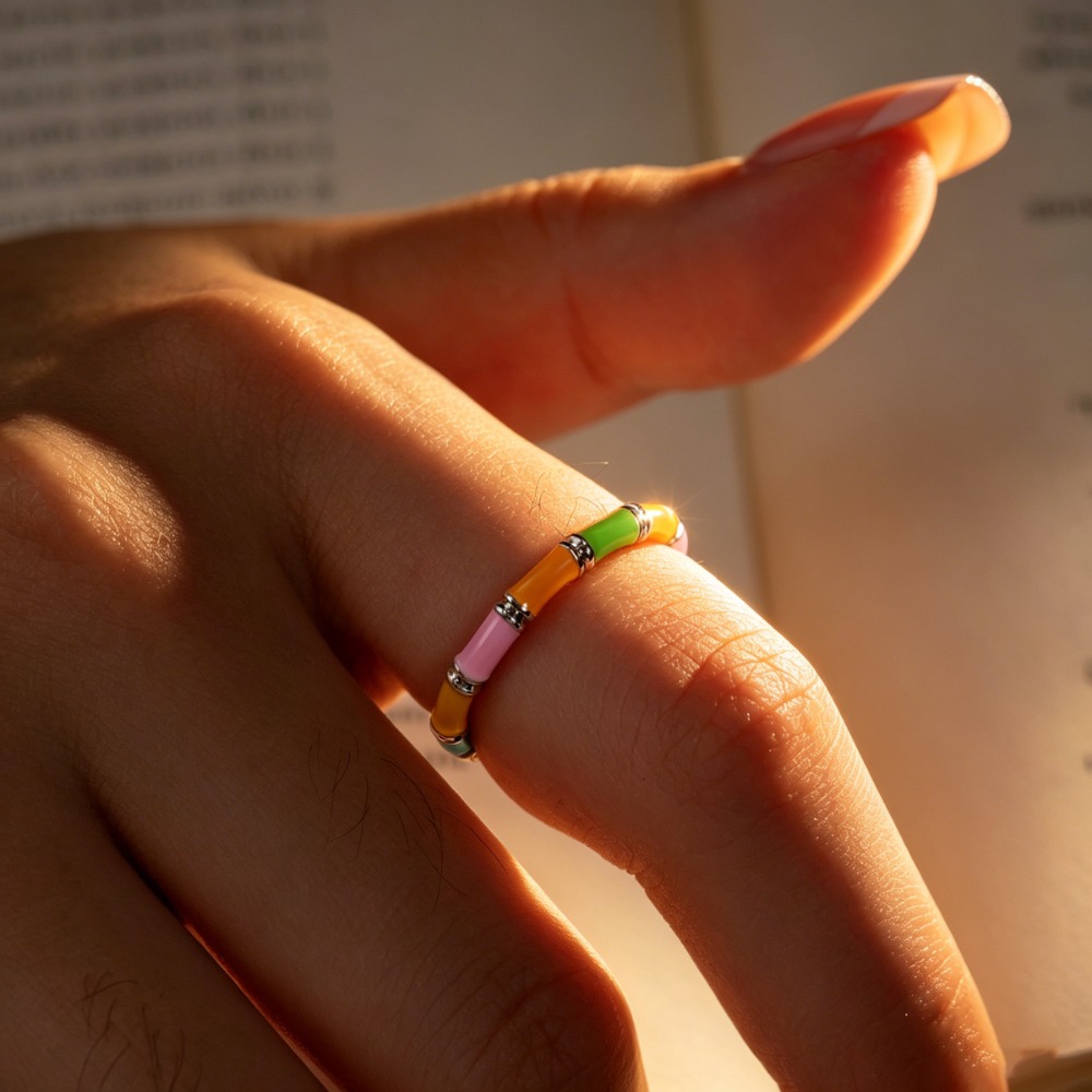 Ladies' Bamboo Shaped Multi-Colored Adjustable Open-End Ring