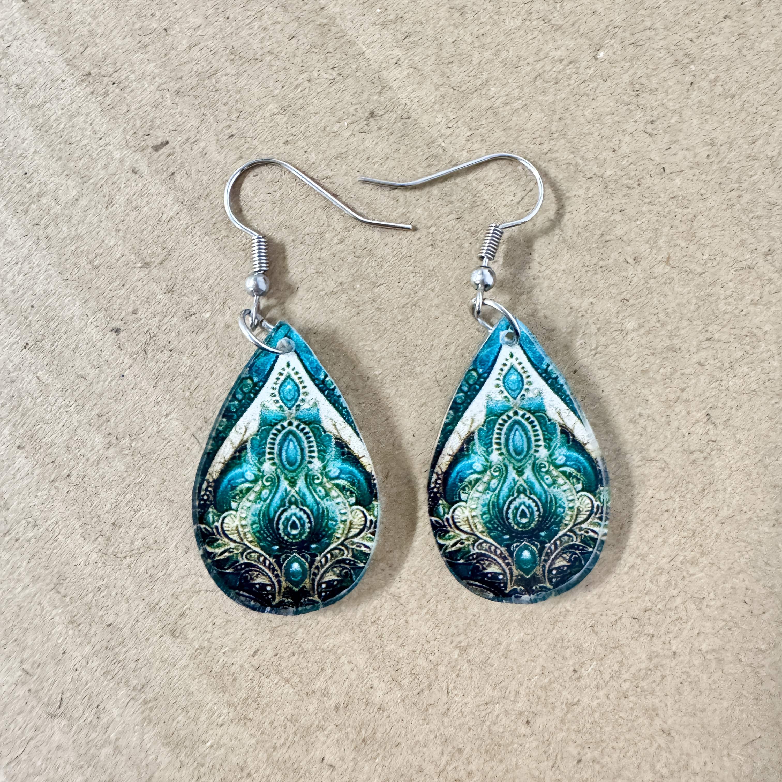 TEMU Pendientes acrílicos planos 2D con bohemio verde de de agua para mujer, pendientes elegantes, regalo para de , planos 2D