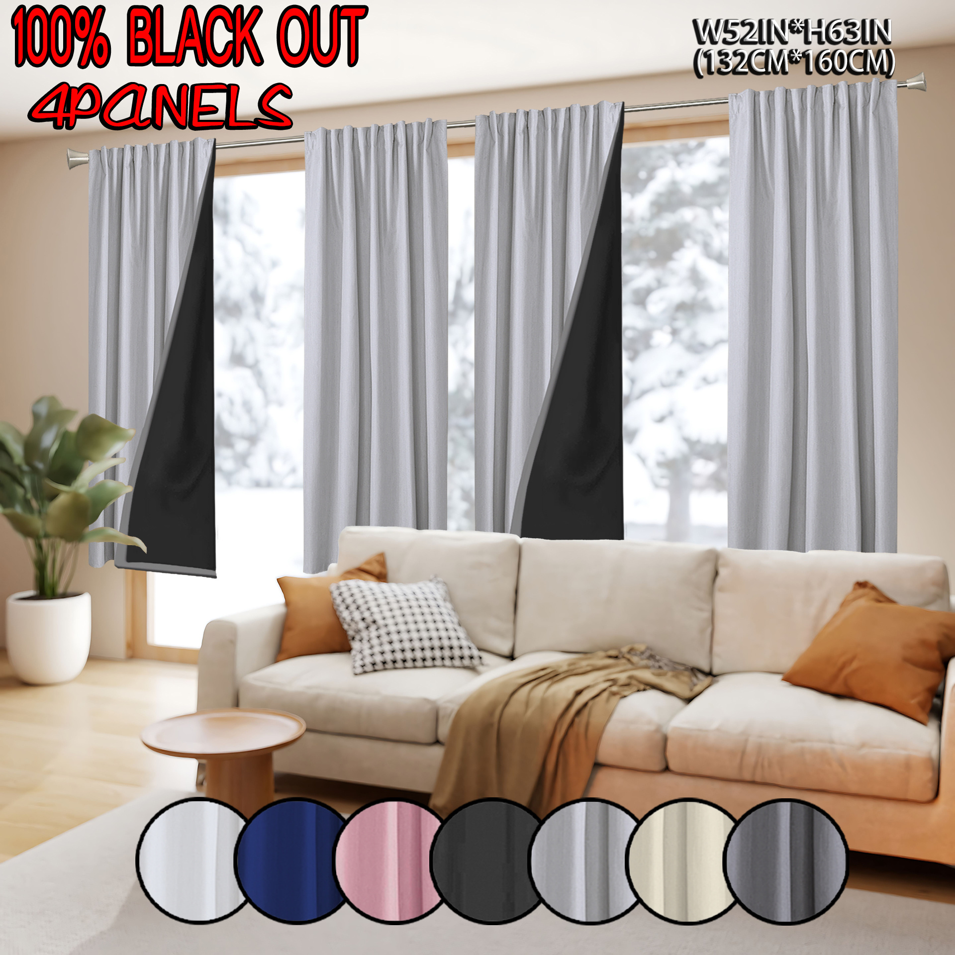 TEMU 4pcs Set, 100% Thermal Blackout Curtains, With Laminated Coated Lining, Top Rod Pocket Hanging, , Blackout Curtains, Privacy Curtains, Suitable