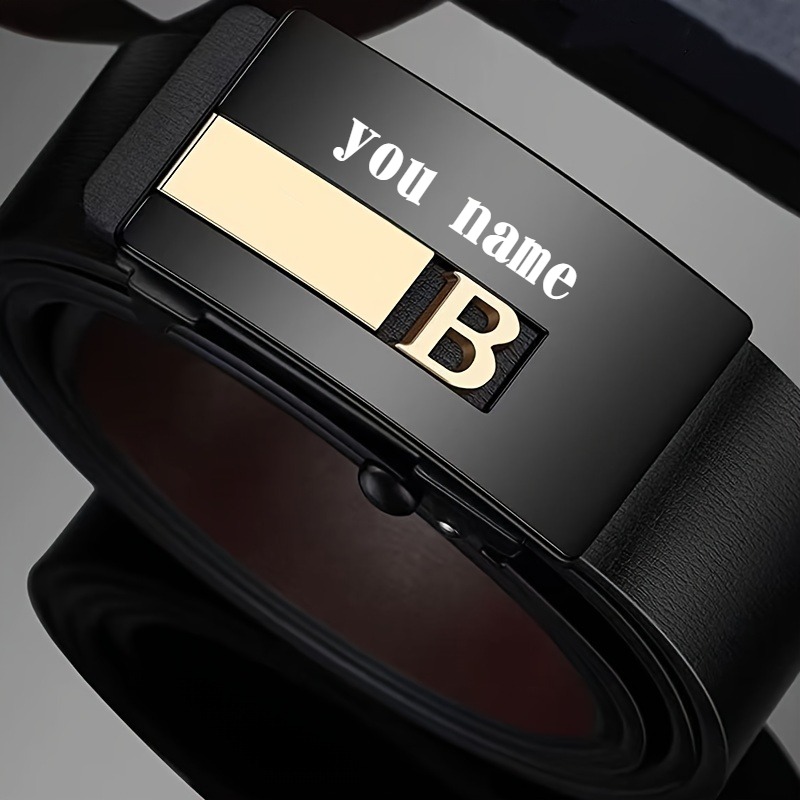 ized Name/Initials Engraved Men's Automatic Buckle Belt - Custom PU Leather Dress Belt with Golden-Tone Buckle, No-Hole Closure, Black Strap for Business, Wedding, Casual - Ideal Gift for Husband, Father's Day, Christmas (Add Your