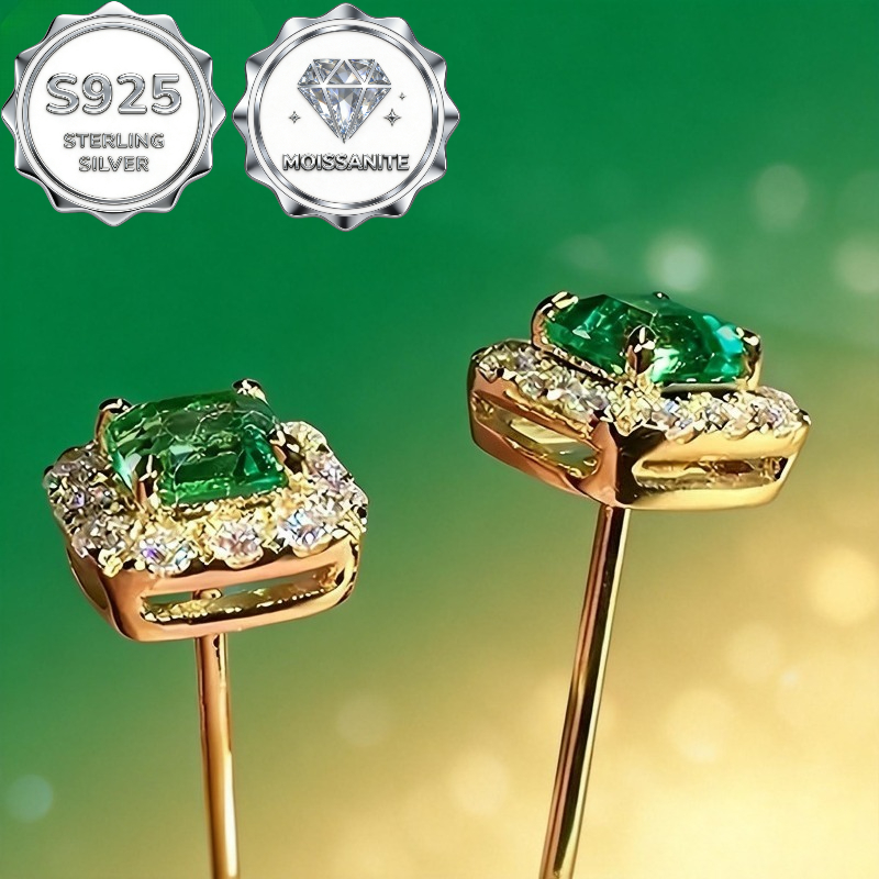 TEMU 1 Paire de Boucles d'Oreilles Élégantes pour Femmes en Argent Sterling 925 | Incrustation Carrée de Moissanite Synthétique, , Ensemble de Style