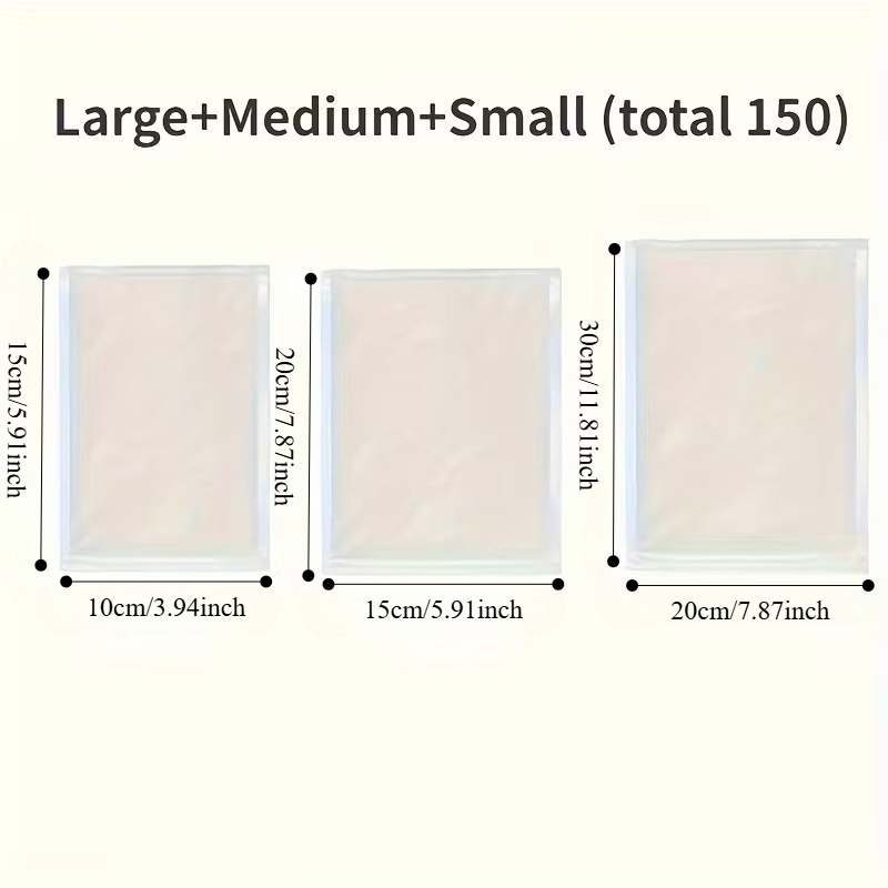 TEMU Vacuum Seal Bags, 150pcs, 3 Sizes (10x15cm + 15x20cm + 20x30cm), Food-grade Material, Heavy-duty Commercial-grade Vacuum Food Storage Bags,
