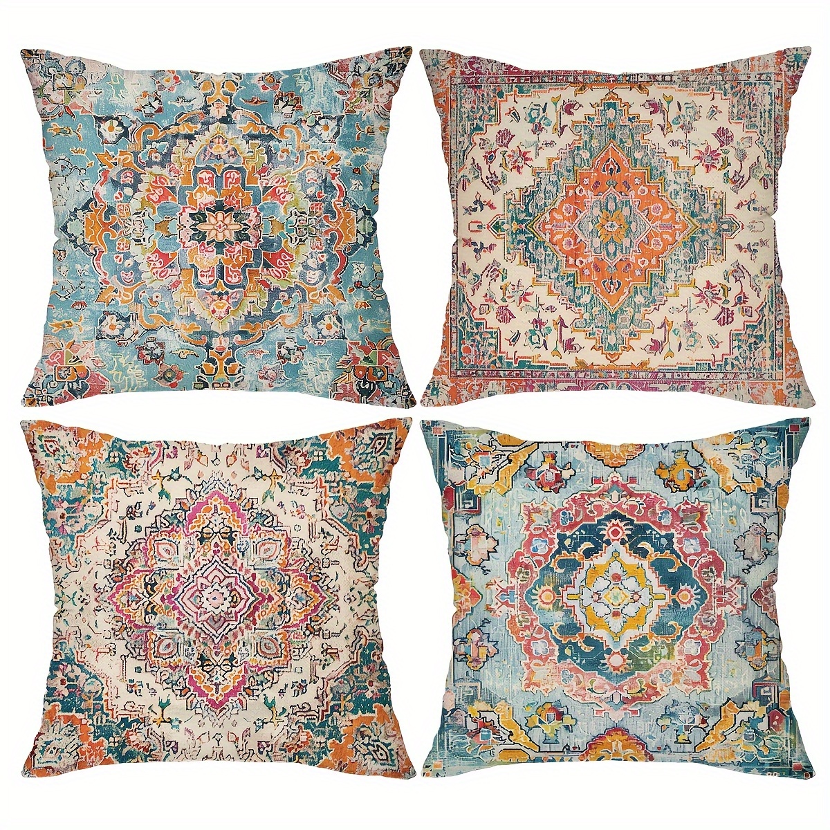 TEMU 4 pièces de housses de coussin Bohème Vintage - floraux et géométriques colorés, Polyester, Fermeture éclair, Lavable en machine - Idéal pour ,