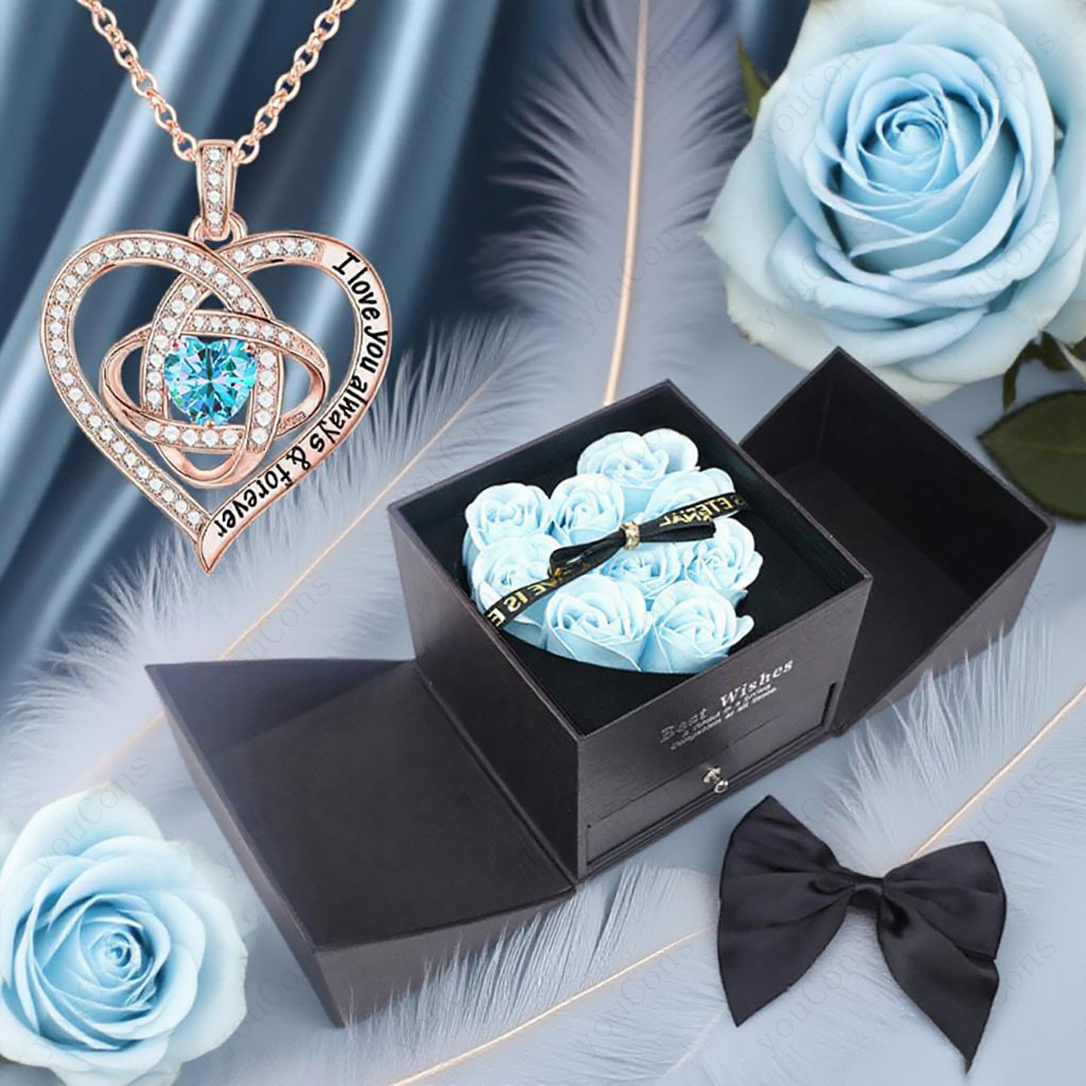 Women's Delicate Light Blue Synthetic Zirconia Heart-Shaped Pendant Necklace, Gift Box Included