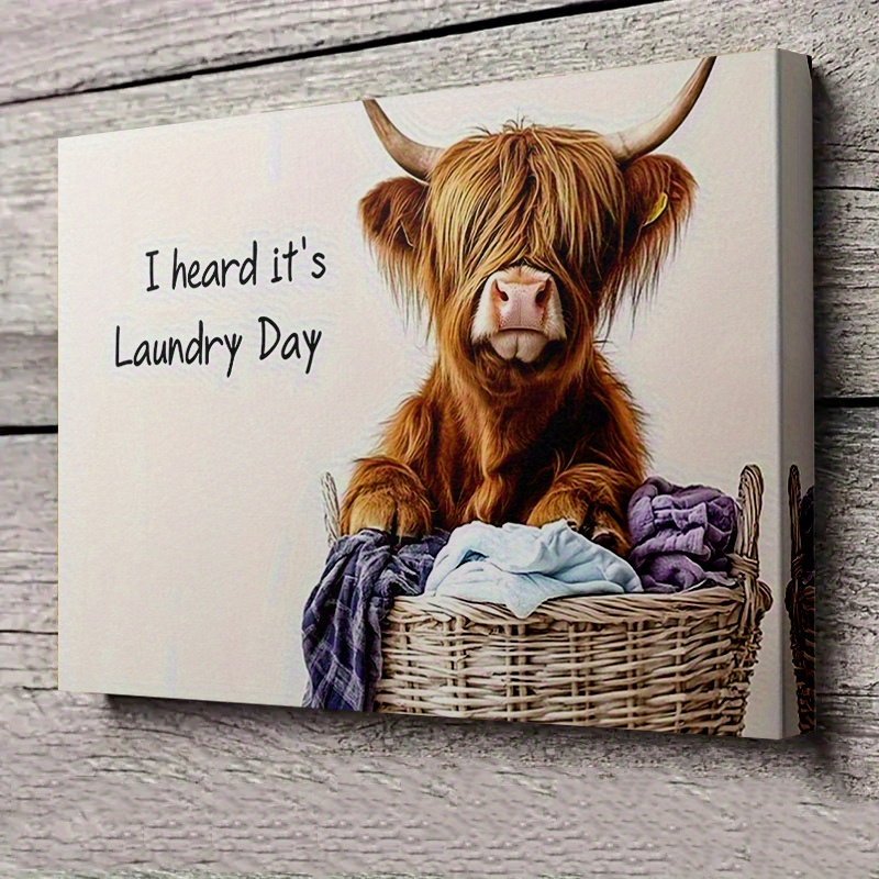 TEMU 2d Flat, 2d Flat, A Decorative Painting On Canvas With A Wooden Frame, Featuring A Humorous Image Of A Highland Cow In A Laundry Basket.