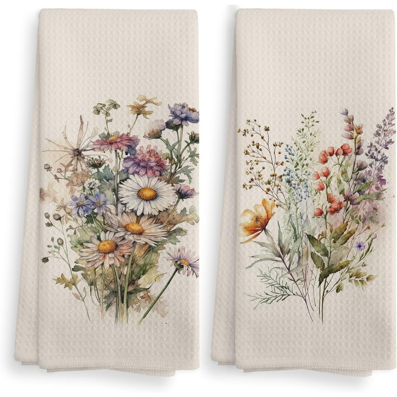 

2 torchons de cuisine vintage à motif floral, 26x18 pouces en polyester tissé super , motif contemporain de marguerites et de fleurs , torchons décoratifs lavables en machine pour la ferme