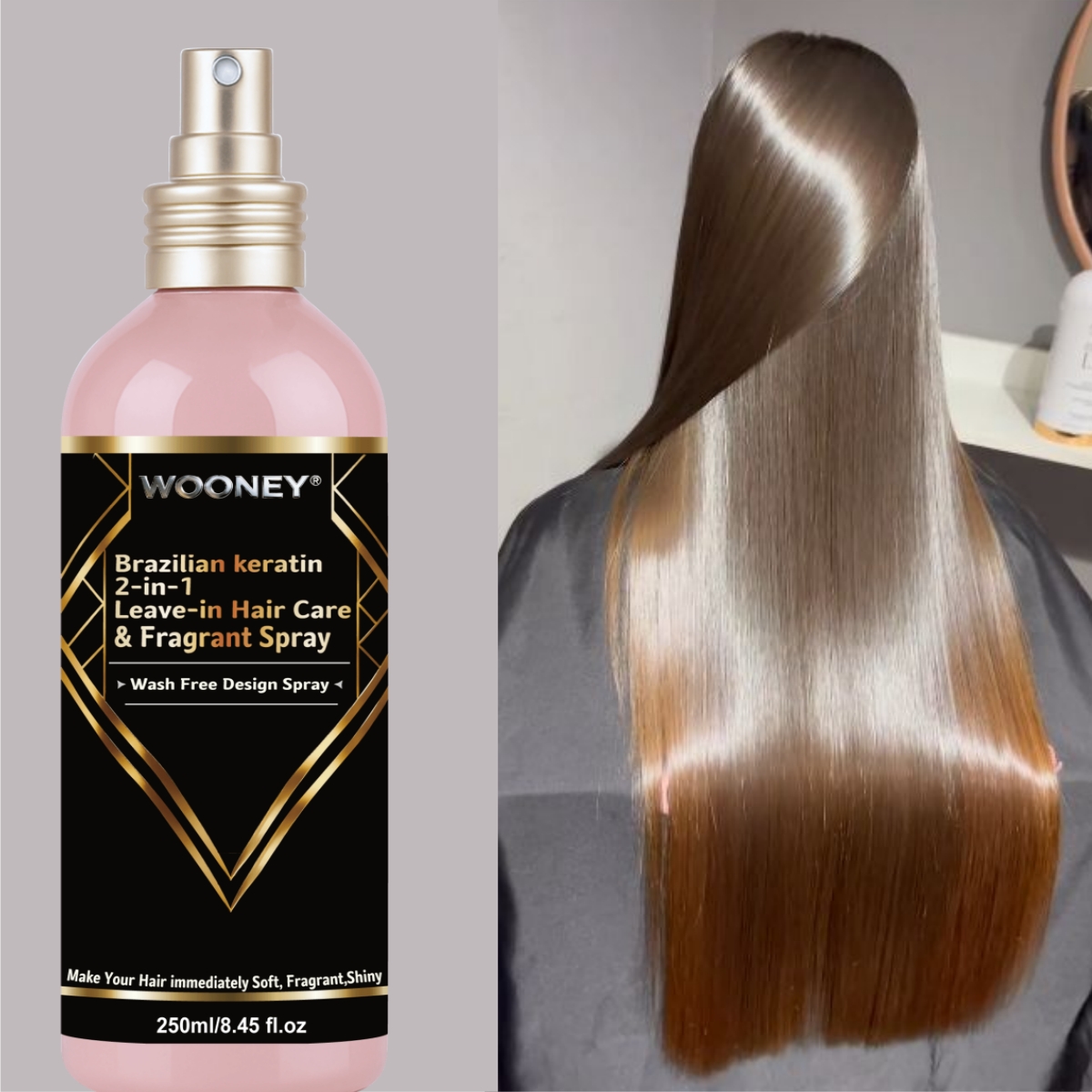 изображение предмета спрей для волос и ароматизатор 2-в-1 с бразильским кератином, 250 мл, не требует смывания, для мгновенной мягкости, аромата и блеска. защитит волосы от нагрева, обеспечит гладкость и для волос, не склонных к пушистости. большая емкость, средство для ухода за волосами.