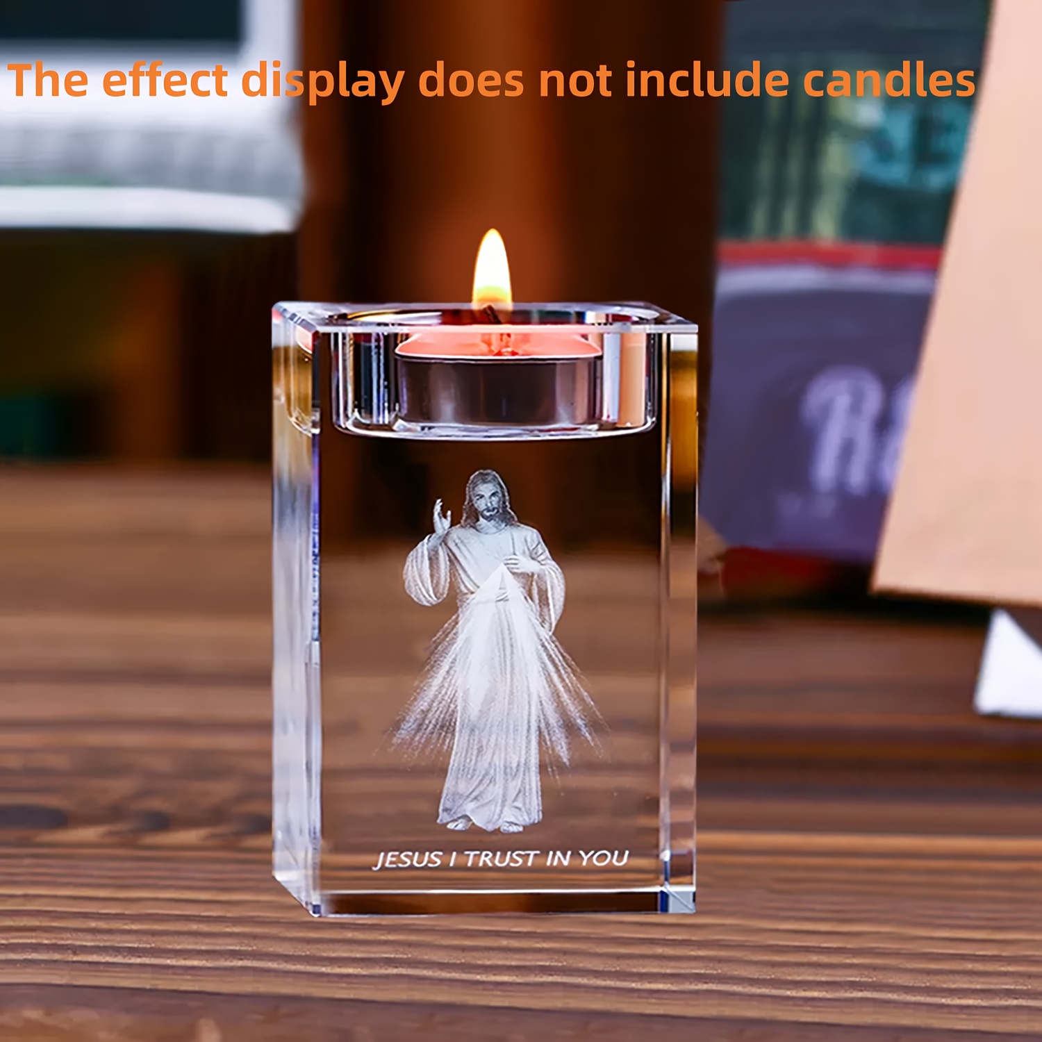 TEMU Collectible Figurines, 1pc Artificial Crystal Religious Candle Holder - Features Internal Laser-engraved Three-dimensional Reliefs Of Religious