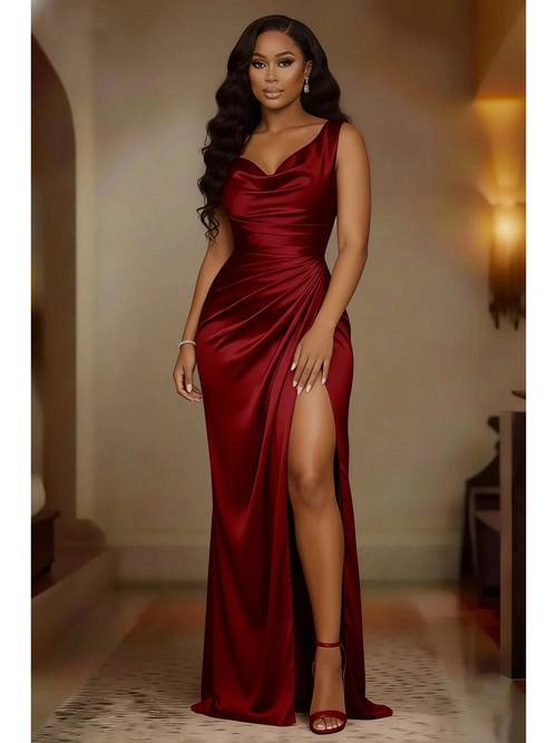 summer new womens elegant v neck slit solid color evening dress