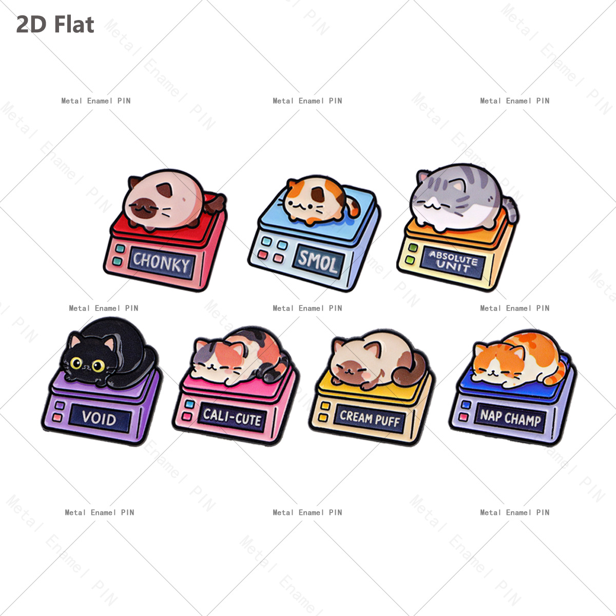 TEMU 2D Plat 7pcs/Set Chonky Chat Vide Poids Balance Épinglette Émail Chat Mème Drôle Métal Revers Broche Chapeau Sac à Dos Badge Cadeau