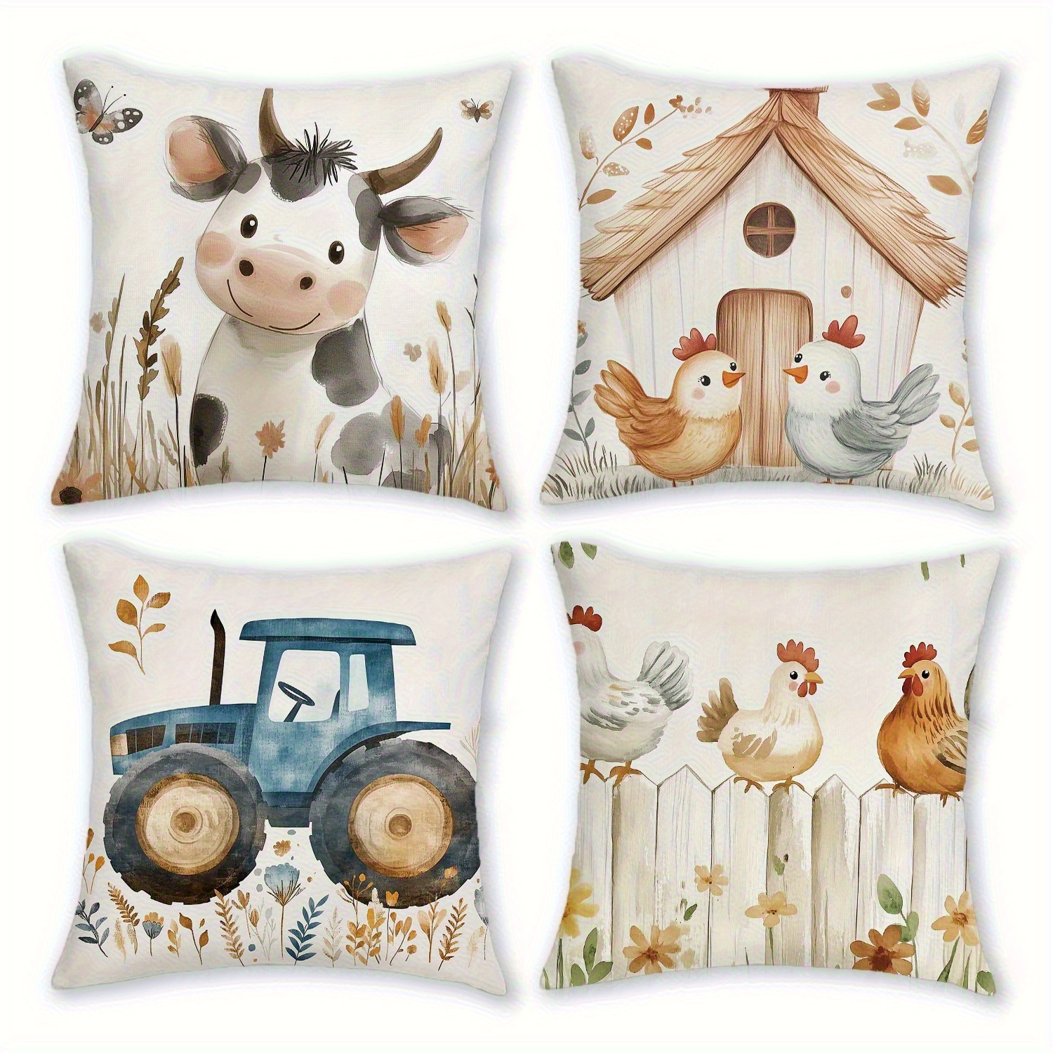 TEMU 4 Autumn -themed Pillow Covers Featuring Prints Of Cows, Chickens, Tractors, And Barns In A Watercolor Country Style. Are Single-sided Printed,