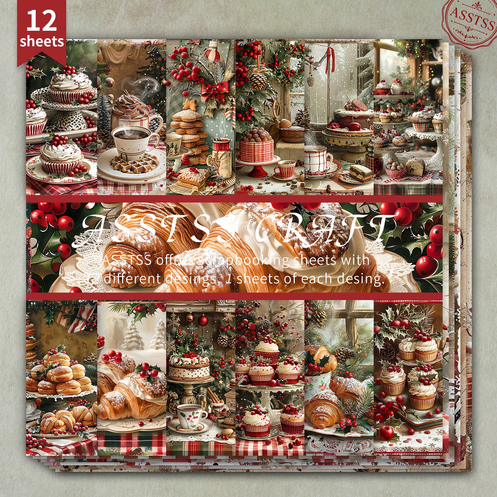 TEMU 12-Vloezen ASSTSS 6X6 Inch Scrapbooking Papierblok, Kerst Dessert Croissant Cupcake Koffie Berry Vintage Stijl Achtergrondpapier Benodigdheden,