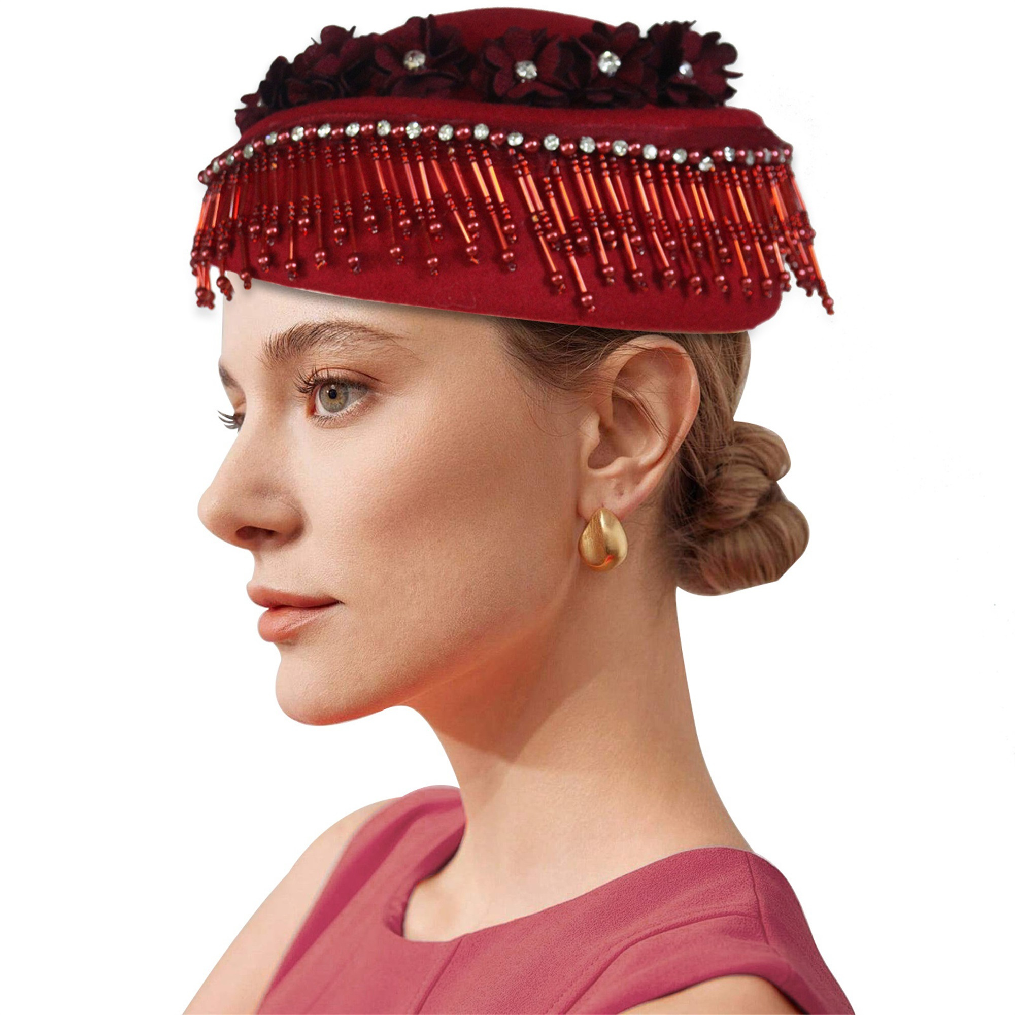 elegant red beaded tassel felt hat women vintage inspired - Temu display picture 1