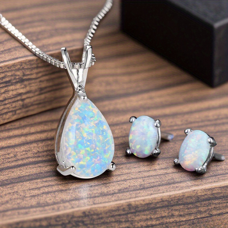 TEMU 2pcs/ Set Minimalist Beautiful Drops Synthetic Stone Necklace Oval Stud Earrings Temperament Stylish Women's Pendant Necklace Stud Earrings Set