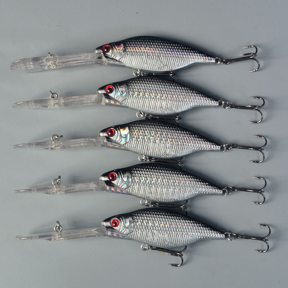 TEMU Lot de 5 leurres Minnow de plongée à longue langue gris pour la pêche au bar et la pêche en mer en eau salée