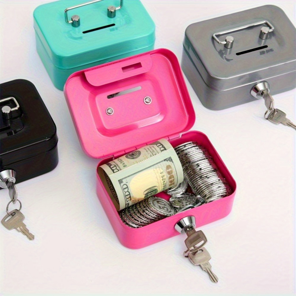 

1pc Compact Metal Key Lock Storage Box - Cash & Coin Deposit, In Gray, Pink, Green, Black - 4.53x3.35x1.97 Inches - Ideal For Adults