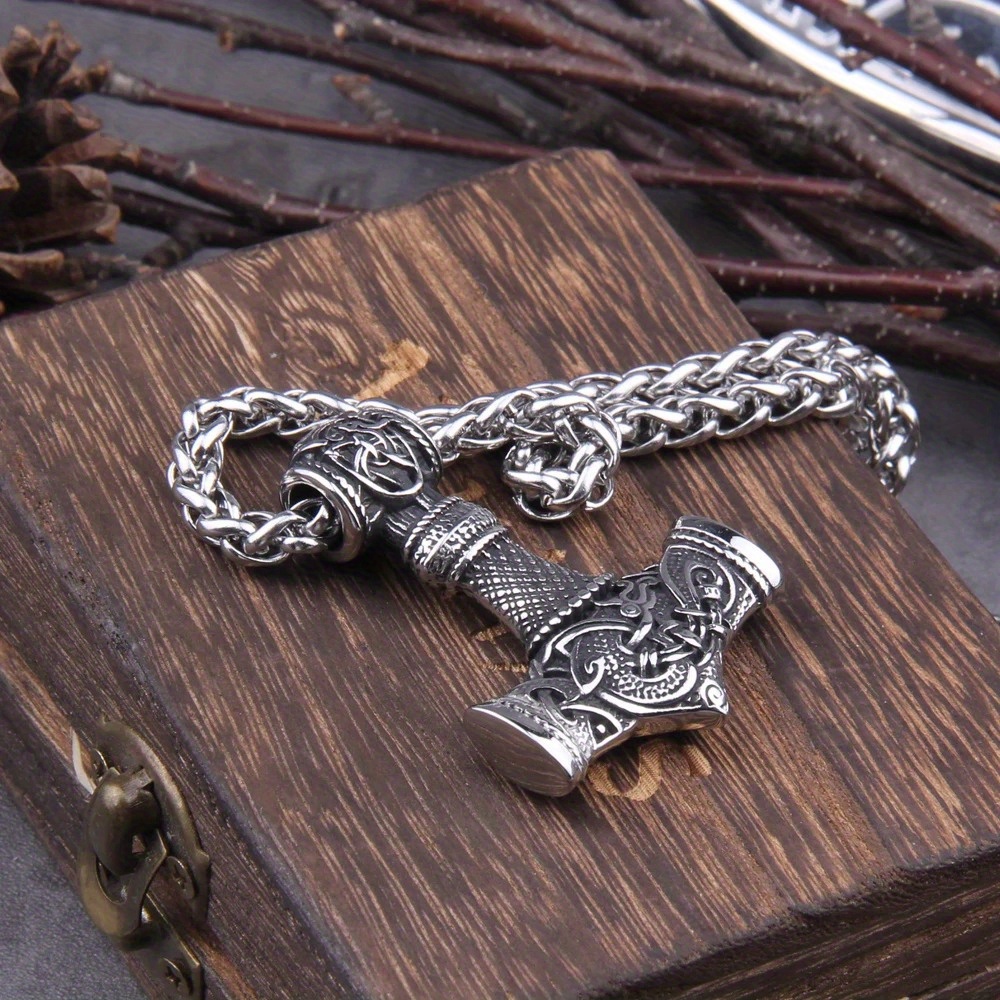 Image of [funky Dragon Hammer Pendant Necklace] Funky Viking Dragon Hammer Pendant Necklace - Men's Fashion Punk Hip Hop Jewelry, Perfect Birthday Gift