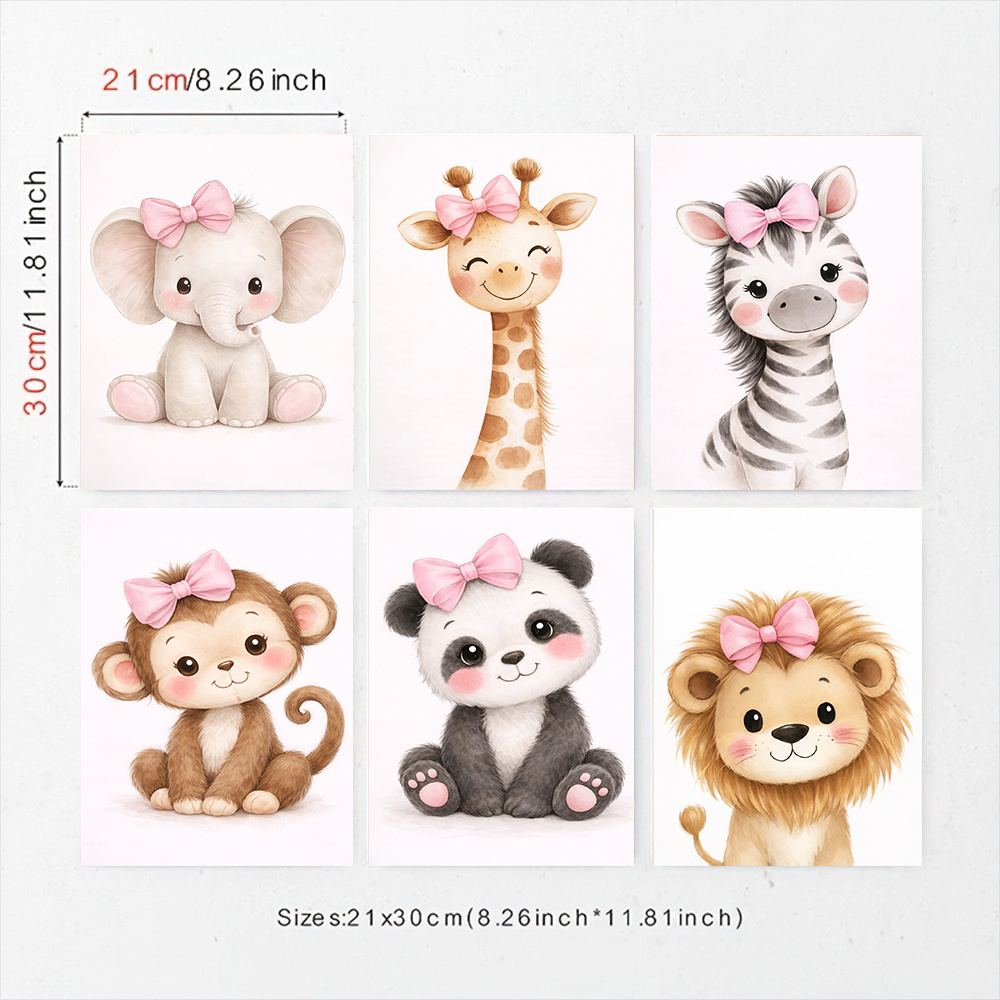 TEMU 2d Flat, Set Of 6 Canvas Nursery Wall Girl Animal Prints Elephant Giraffe Zebra Monkey Panda Lion Pink Bow Kids Room Decor,halloween Christmas