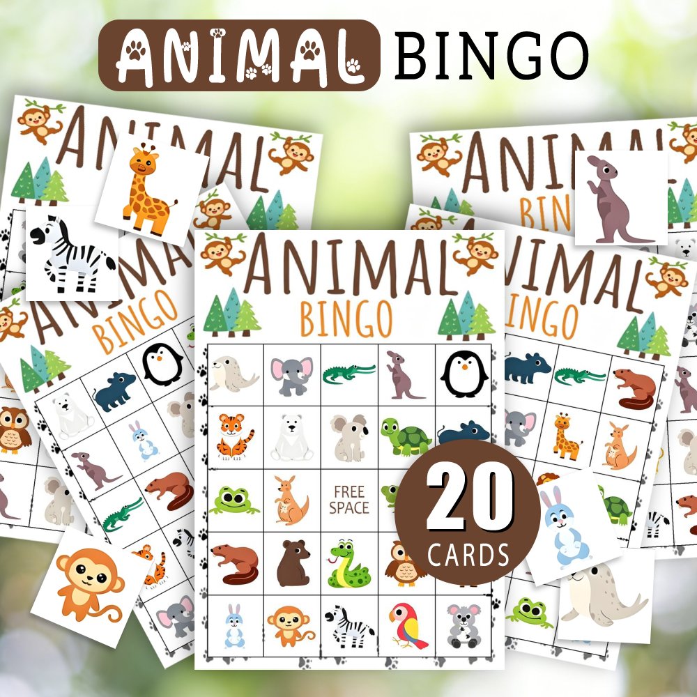 TEMU 20pcs Cmd Bingo Cards, Animal Bingo, 20 Animal Bingo Card Birthday Party Game, Zoo Animal Themed Bingo Activity Cards For Group Gathering Party