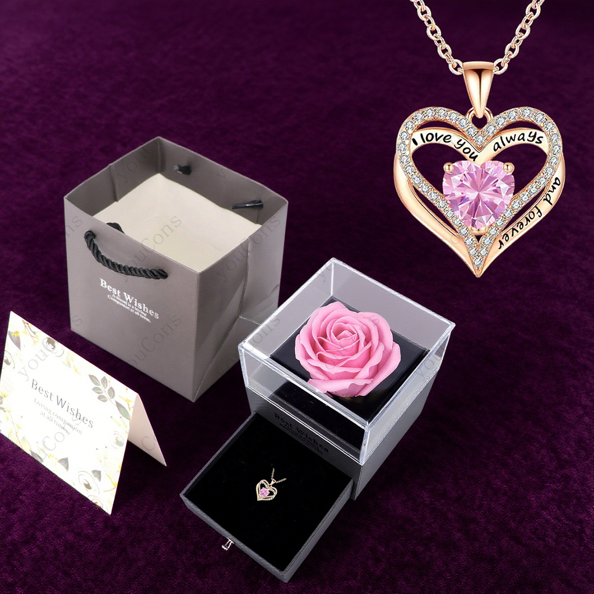 TEMU Collier pendentif en acier inoxydable avec synthétique rose de cœur, d'une boîte cadeau rose et d'une carte de vœux. Incrustez le mois de dans .
