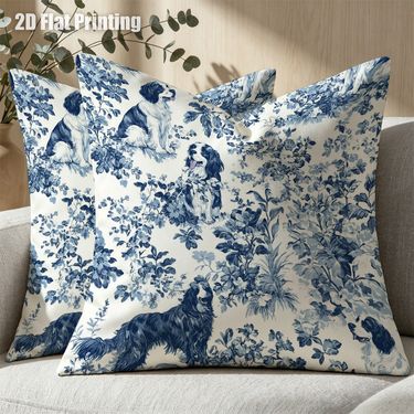 Fundas de cojín 2D planas de 2 piezas, elegantes, estilo cabaña, con patrón floral de perro spaniel, doble impresión con perros spaniel entre flores, para sala de estar acogedora, dormitorio de granja, amantes de las mascotas