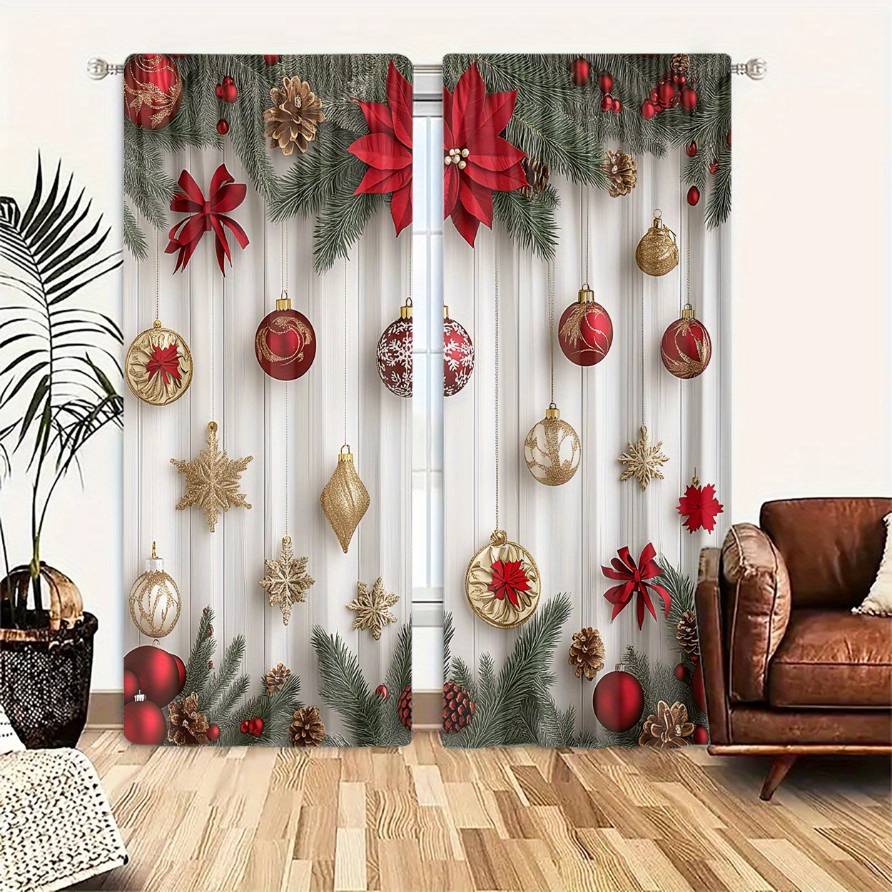 

2pcs, Polyester Material, Hd Christmas Theme, Christmas Decoration Pattern Print, Light Filtering Curtains, Suitable For Bedroom, Living Room, Office And Home Etc Decor, Rod , Suitable For Wear Rod