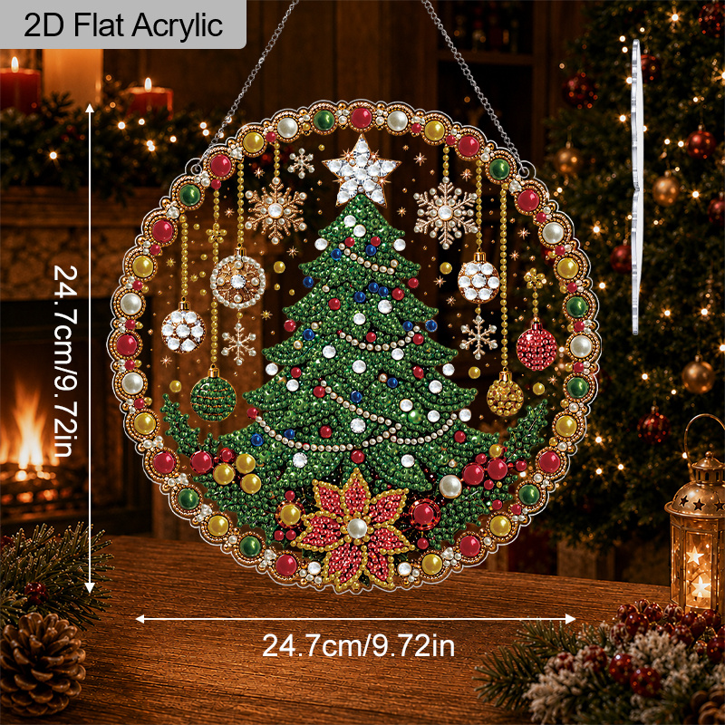TEMU 2D Platte Acryl Kerstboom Hangende Ornament, 1 stuks Parel Diamant Schilderij Hanger, 9.72In/7.87In 2 Maten Optioneel, Kerstboom Raam Deur