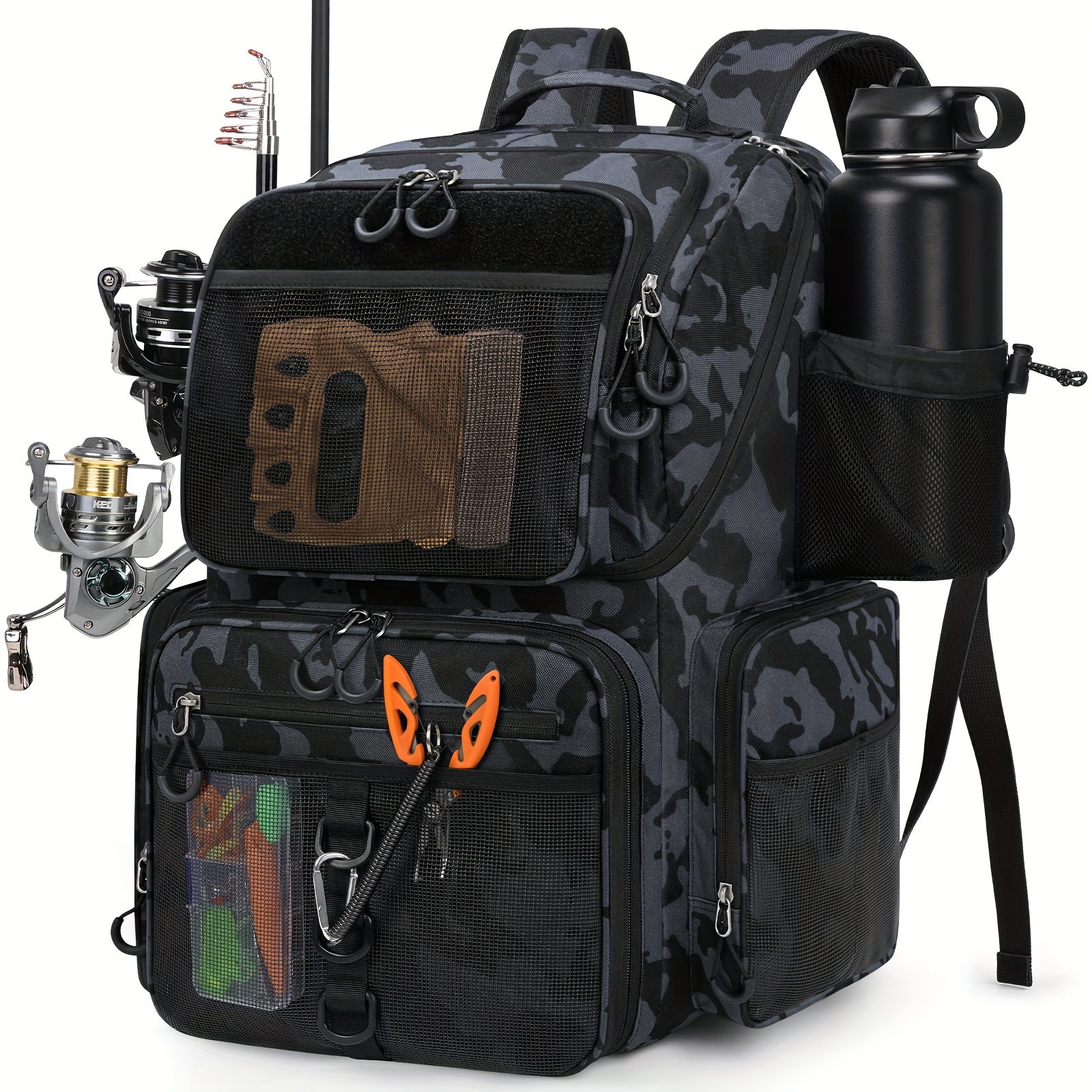 Rainsmore Fishing Backpack, Heavy-duty 900d Adjustable Compartments With Rod Holder, Tackle Bag Storage For Fishing Gear, Gift For Men And Dad, 45l, Black And Blue Camouflage