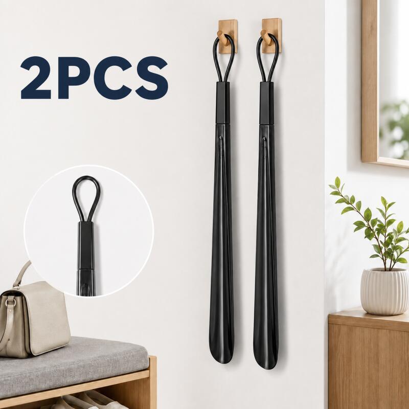 TEMU 2pcs - Black Long-handled Shoe Horns With Rings For , Suitable For Home Entryway And Daily Use