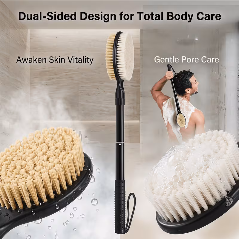 back scrubber with soft and stiff bristles 17 25 long handle dual sided shower brush for body for deep cleaning premium dual sided dry brushing body brush natural bristle exfoliator with long handle bath brush for men women Product details 2