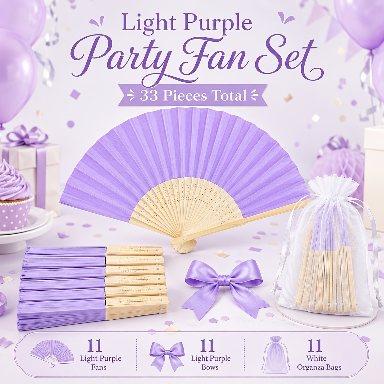 TEMU Custom Lavender Purple Wedding Favor Folding Fan Set, 33pcs In Total: Includes 11 Folding Fans, Matching Purple Bows, And White Organza Gift