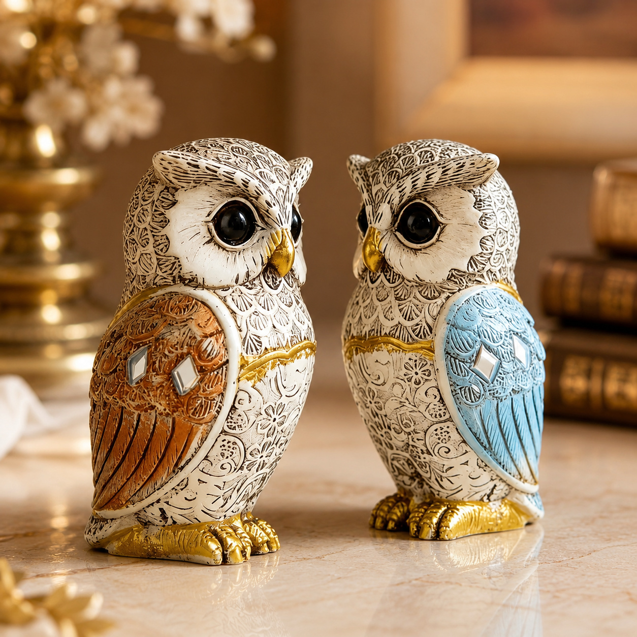 TEMU 1 Set Of 2pcs Retro Patterned Owl Statues, Resin Carved Owl Figurines With Golden Feet, Decorative Wise Bird Ornaments Suitable For Desk, Shelf