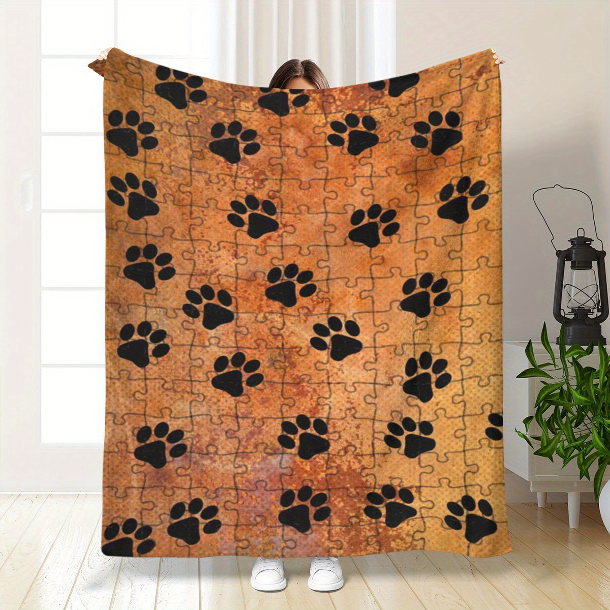 

1pc Cozy Puzzle Dog Paw Print Flannel Blanket - , Stain-resistant Polyester Throw For Home, Bedroom, Outdoor Camping & - Warm, Contemporary Style, Perfect Gift For Pet Lovers, Dog Blanket